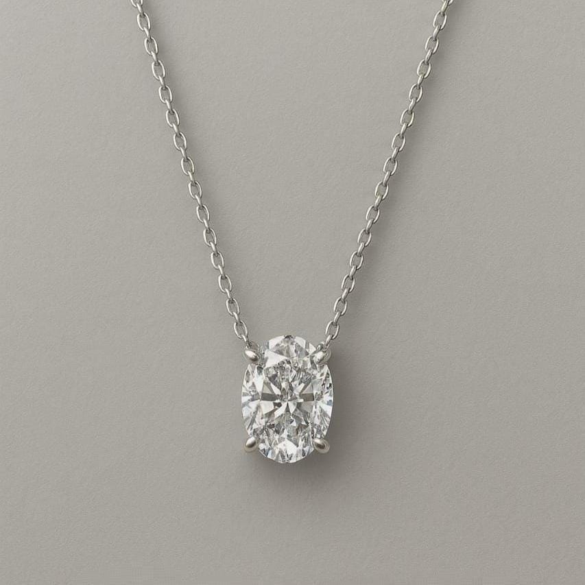 Oval Lab Grown Diamond Pendant | Floating 4-Prong Setting | S925 Silver Chain Necklace | Brilliant Cut | No Bail Minimal Design