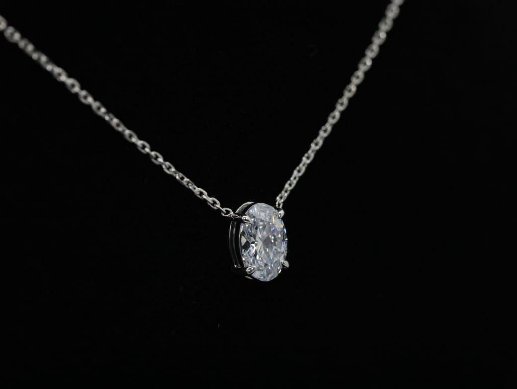 Oval Lab Grown Diamond Pendant | Floating 4-Prong Setting | S925 Silver Chain Necklace | Brilliant Cut | No Bail Minimal Design