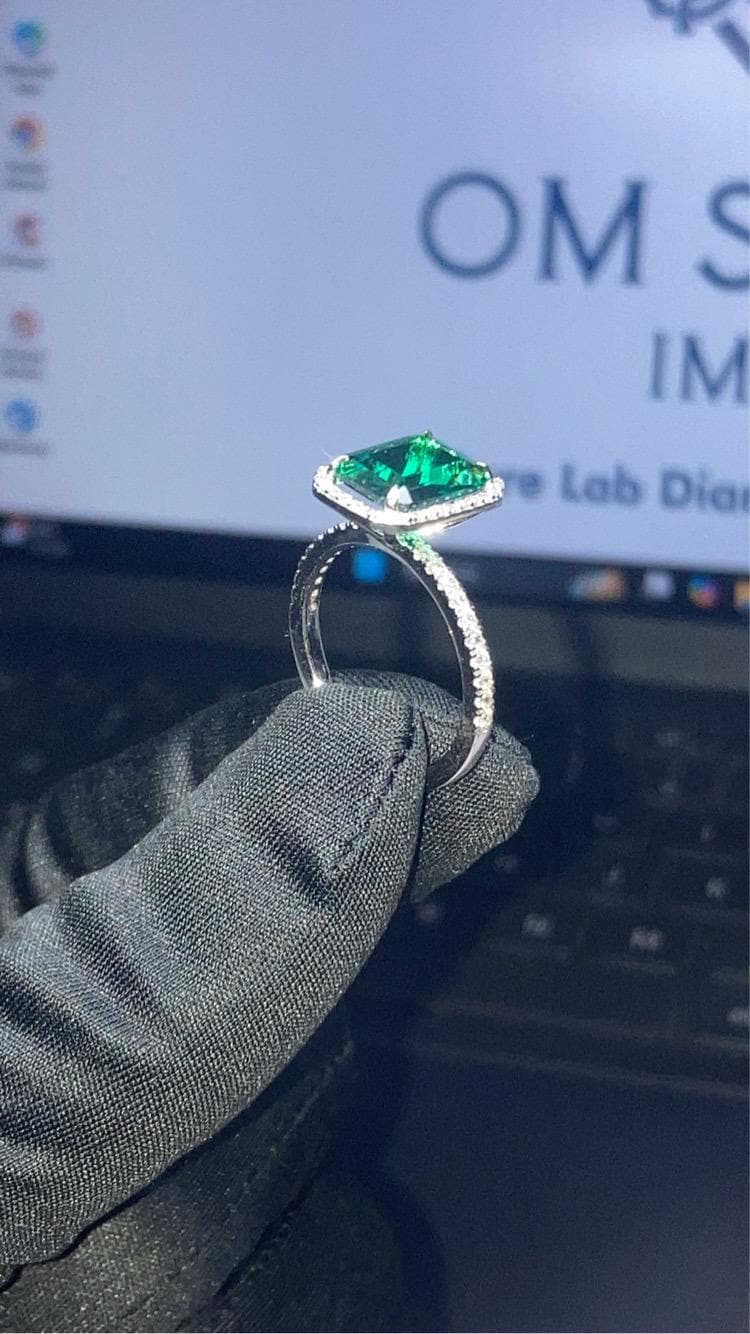 Emerald Cut Green Diamond Ring | Vintage Halo Engagement Ring | Sterling Silver or Gold | Anniversary, Wedding Gift